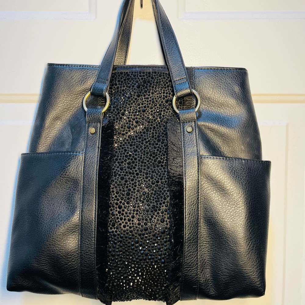 Max Studio Elegant Faux Leather Black Tote - Beaded Accent with Fringe Boarder